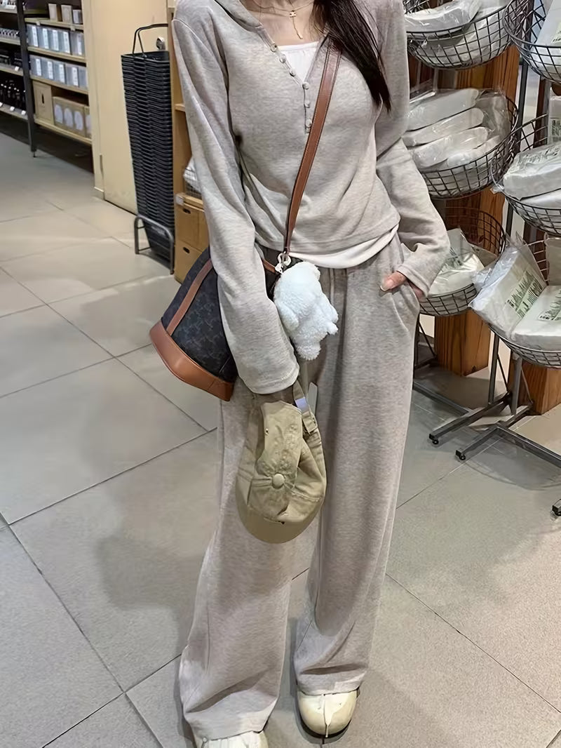 New Women's Fashion Versatile Casual Y Style 2-in-1 Look Set: Simple Hooded Top + Wide-Leg Pants 2pcs Set