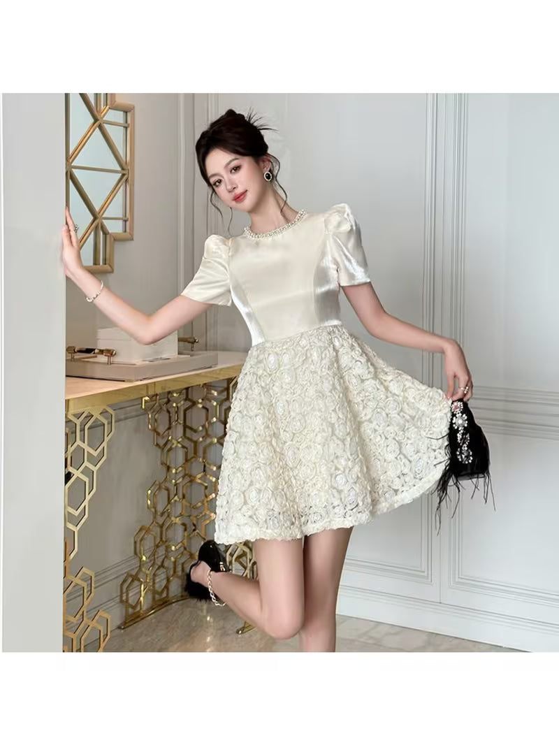 Chic And Luxurious Rose Mesh Cinched-Waist Princess Dress - Designer Fluffy Party Dress