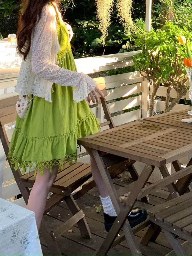 Bohemian Style Avocado Green Tassel Sleeveless Strap Dress Women Summer babydoll dress Dopamine Short Dress