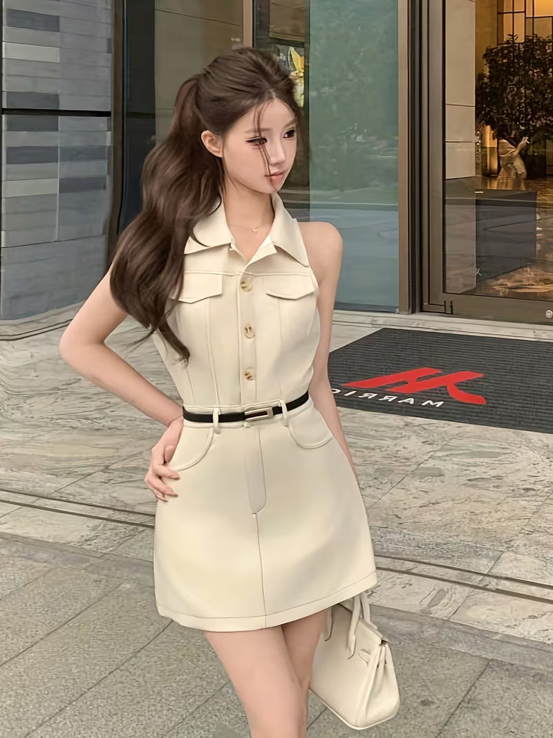 Women'S Sleeveless Shirt Dress with a French-Style Collar And Belt, Featuring a Slim Fit And High-Waisted A-Line Short Skirt