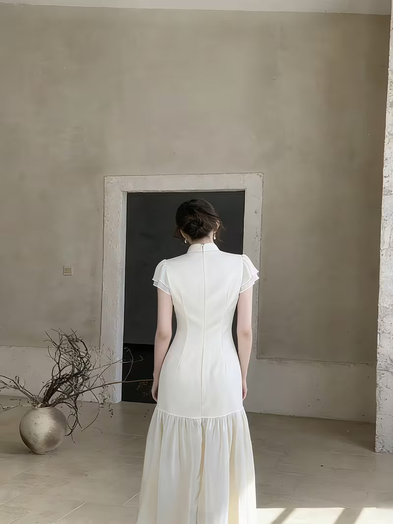 White Jade Glass Embroidery Cheongsam Dress • Elegant And Dignified Temperament Long Dress