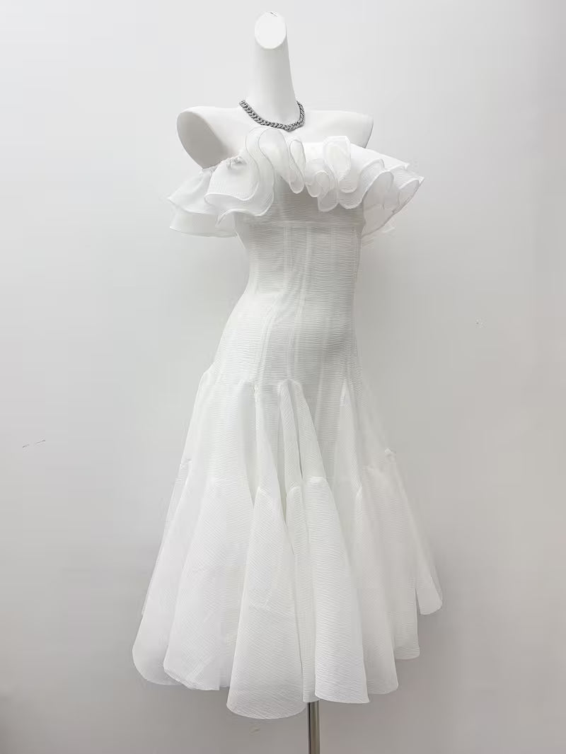 Women' High Waist Sleeveless Off-Shoulder Dress - Solid Ruffle Midi Length Asymmetrical Dress Suitable for Office, Commute & Casual Wear