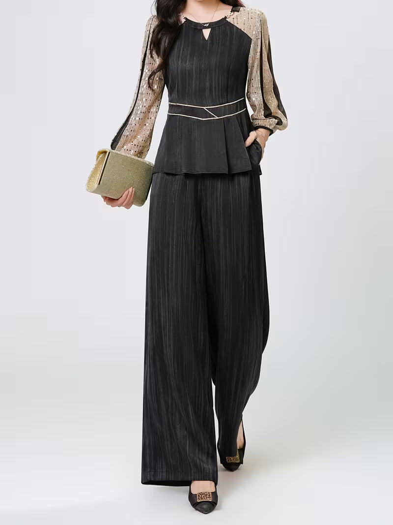 Black and Golden Vertical Stripe Sequin Wide-leg Pants Set, Featuring a V-neck with Subtle Cut-out Detailing and a Decorative Belt