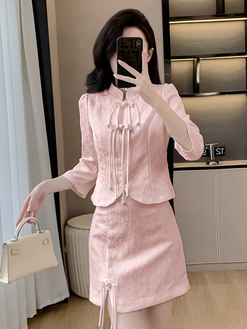 Sweet Long-Sleeve Shirt & Skirt Set, Stylish Elegant Two-Piece with Slits