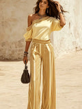 Women'S One Shoulder Top And Striped Wide Leg Pants Set Casual Loose Color Block Matching Set