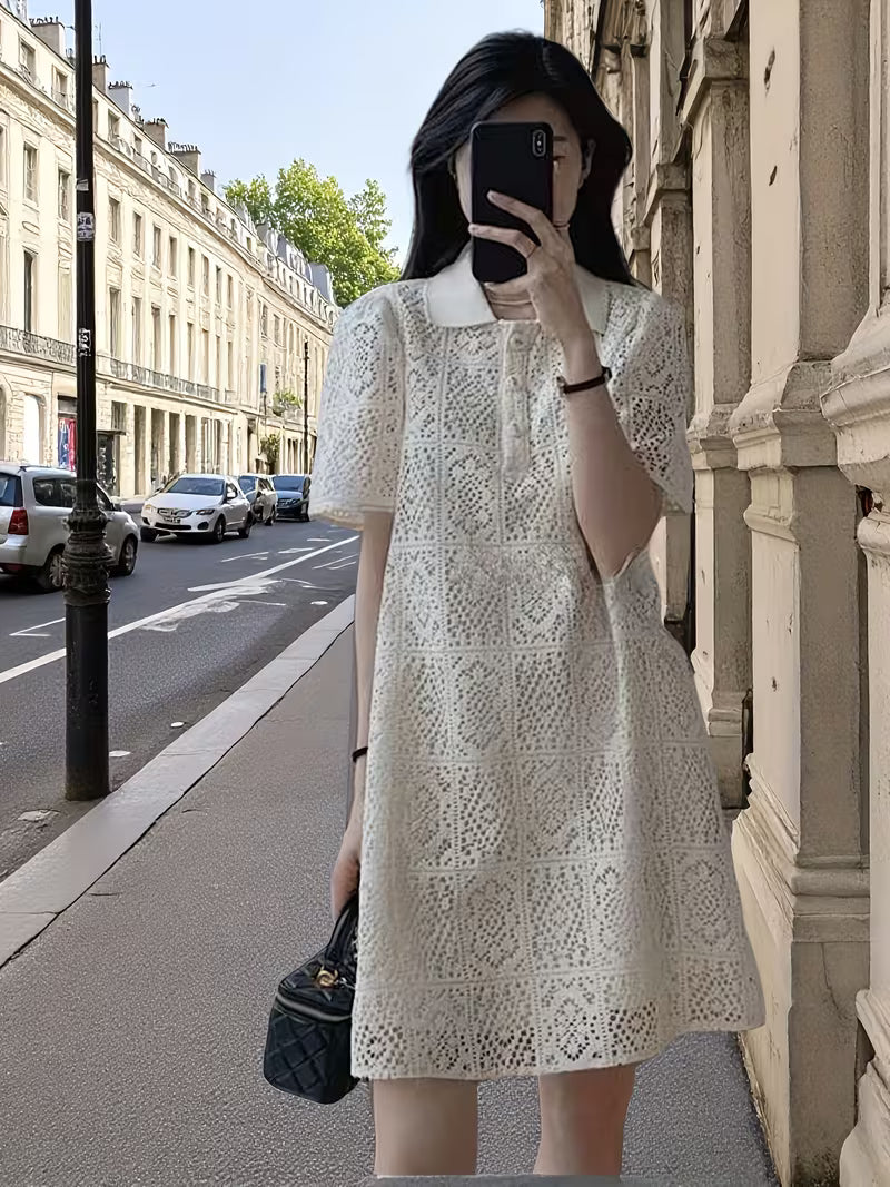 French-Style Hollow-Out Lace Dress for Women, Versatile Loose-Fit Collar Midi Dress for Summer