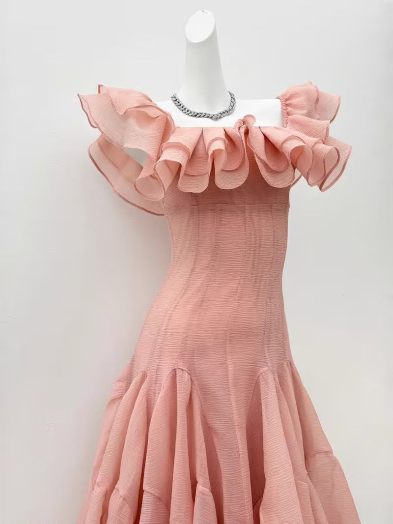 Women' High Waist Sleeveless Off-Shoulder Dress - Solid Ruffle Midi Length Asymmetrical Dress Suitable for Office, Commute & Casual Wear