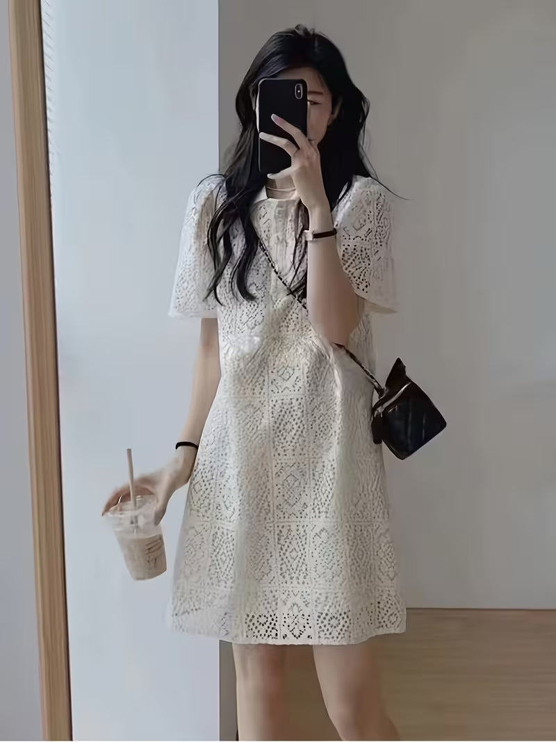 French-Style Hollow-Out Lace Dress for Women, Versatile Loose-Fit Collar Midi Dress for Summer