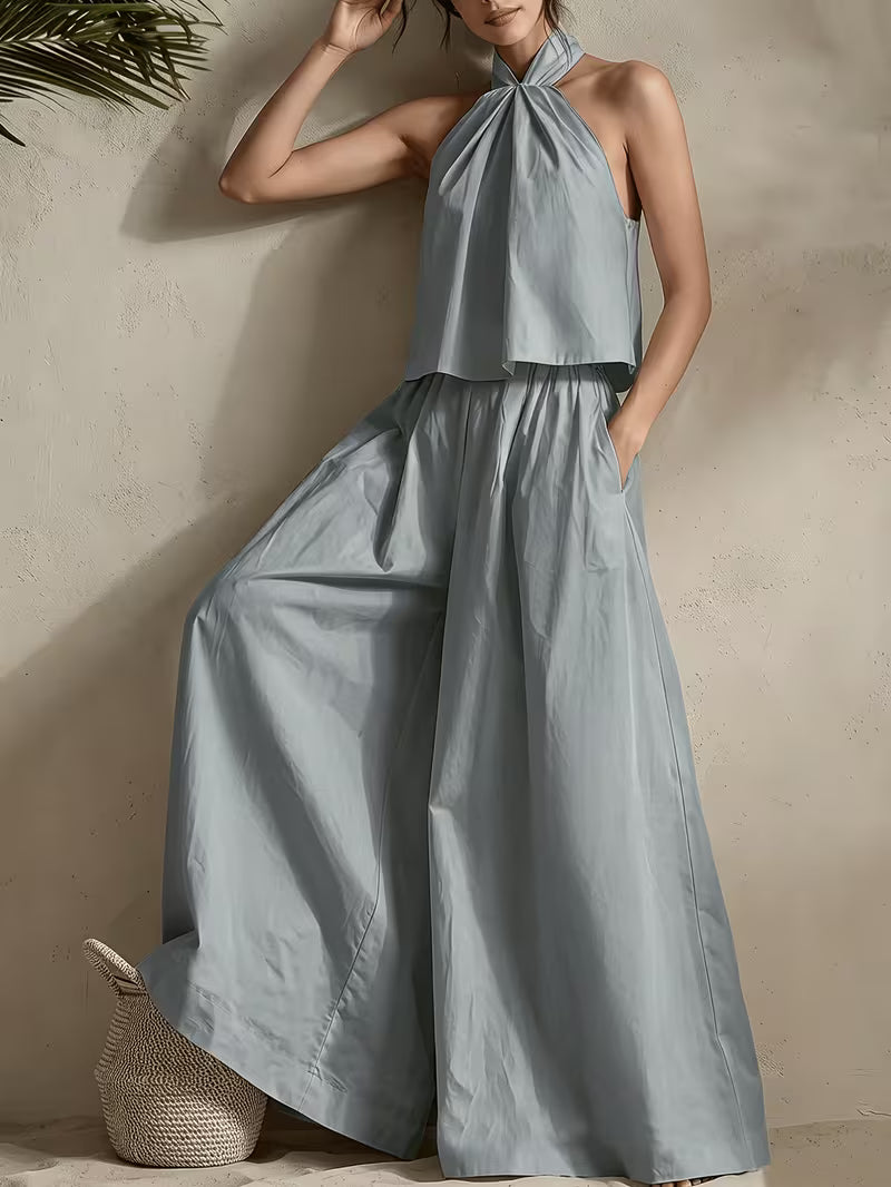 Western Spring Summer Women'S Halter Top And Wide-Leg Long Pants, Comfortable Breathable Fabric, High-End Elegant Quality, Dusty Green Vacation Party City Fashion Premium New Spring Summer Women'S Two-Piece Set