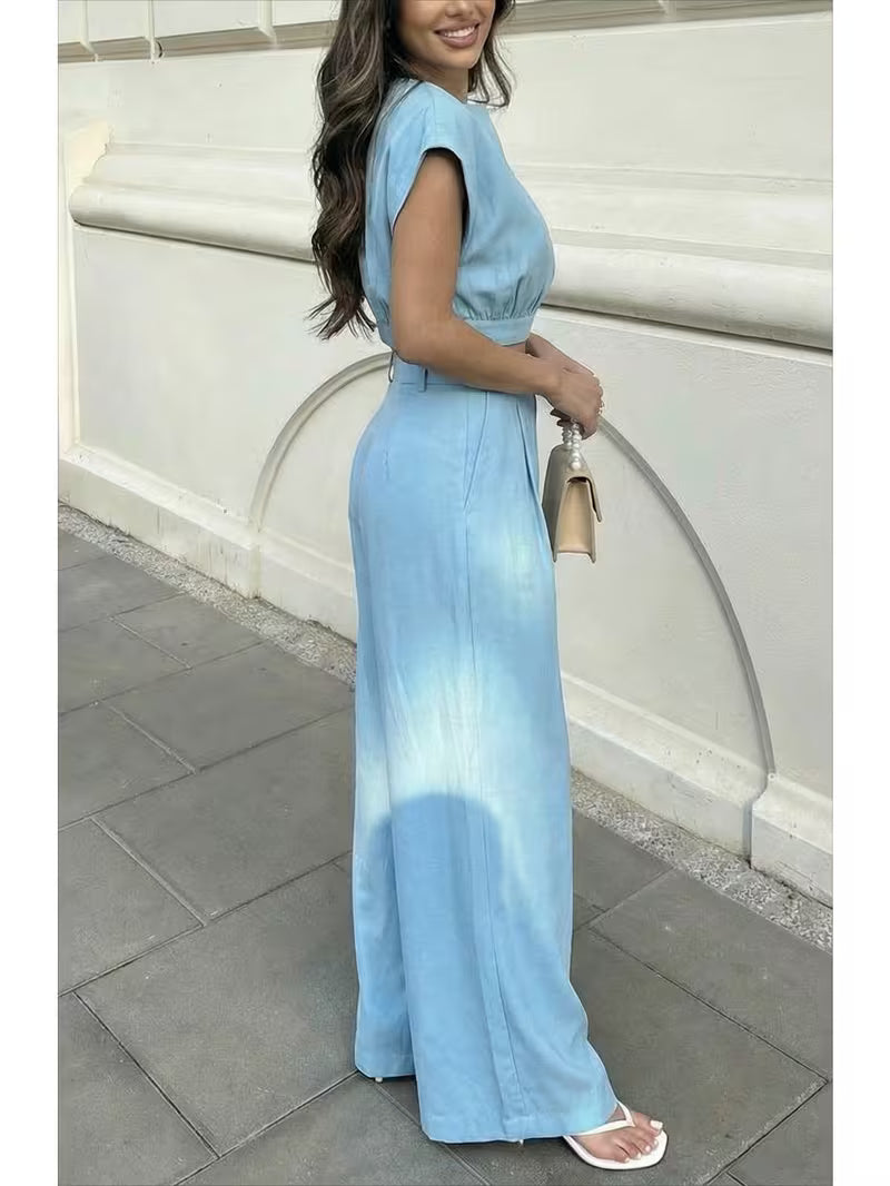 Light Blue Crew Neck Sleeveless Cropped Top + High-Waisted Wide-Leg Pants Women's Elegant Set | Fresh Relaxed Commuter Style