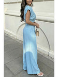 Light Blue Crew Neck Sleeveless Cropped Top + High-Waisted Wide-Leg Pants Women's Elegant Set | Fresh Relaxed Commuter Style