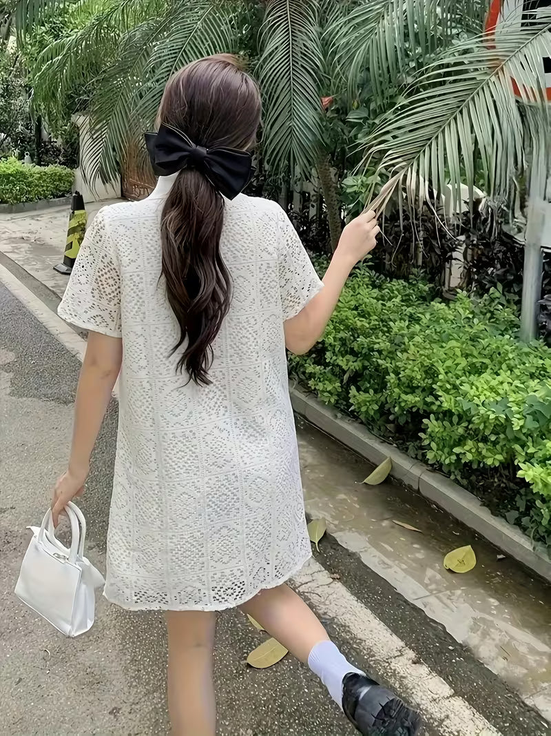 French-Style Hollow-Out Lace Dress for Women, Versatile Loose-Fit Collar Midi Dress for Summer