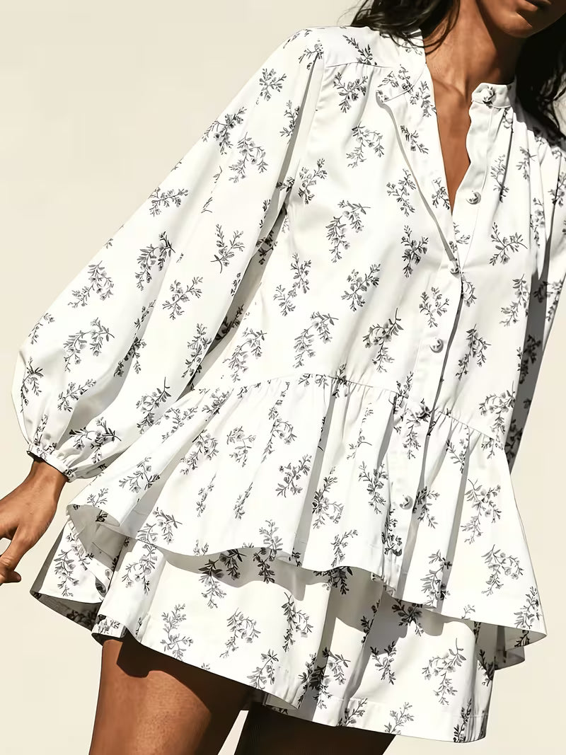 Women's French-Style Classic Elegant Set: Puff Sleeve Blouse with Small High Neck and Ruffle Trim, Printed Shorts Set