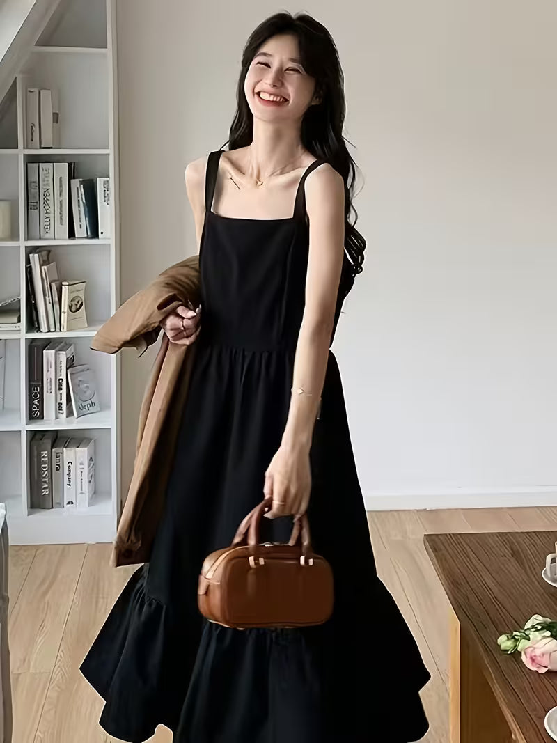 Spring Autumn Pure Color Suspender Dress