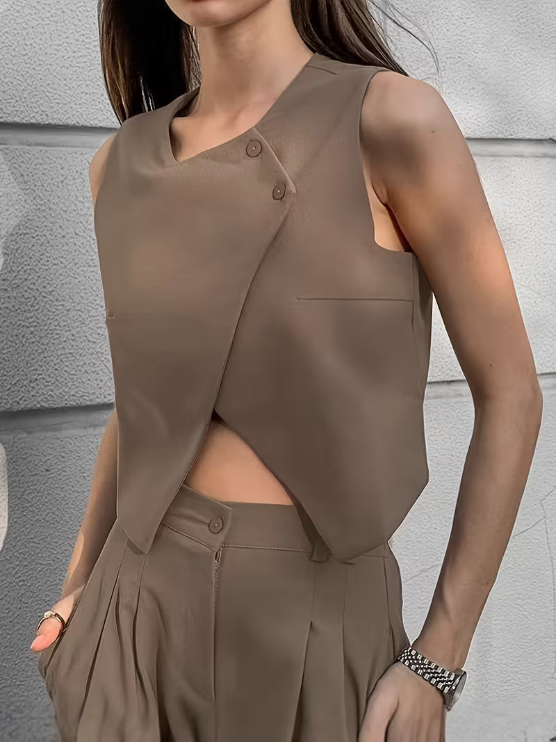 Commuter Chic Khaki Vest and Pants Two-Piece Set for Women | 2026 Spring New Arrival, Elegant Solid Color Design with Button Details