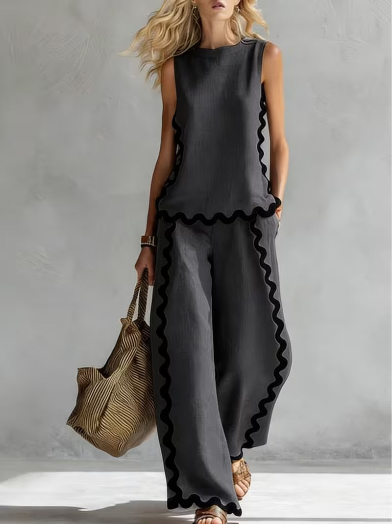 Women's New Sleeveless Color-block Wide-leg Pants Set, Summer Women's Sleeveless Top Casual Fashion 2pcs Set