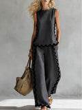 Women's New Sleeveless Color-block Wide-leg Pants Set, Summer Women's Sleeveless Top Casual Fashion 2pcs Set