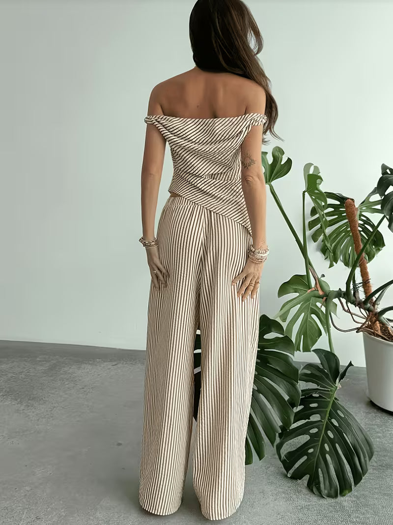Women's Elegant Off-Shoulder Set with Striped Long Pants, 2pcs Casual Daily Wear