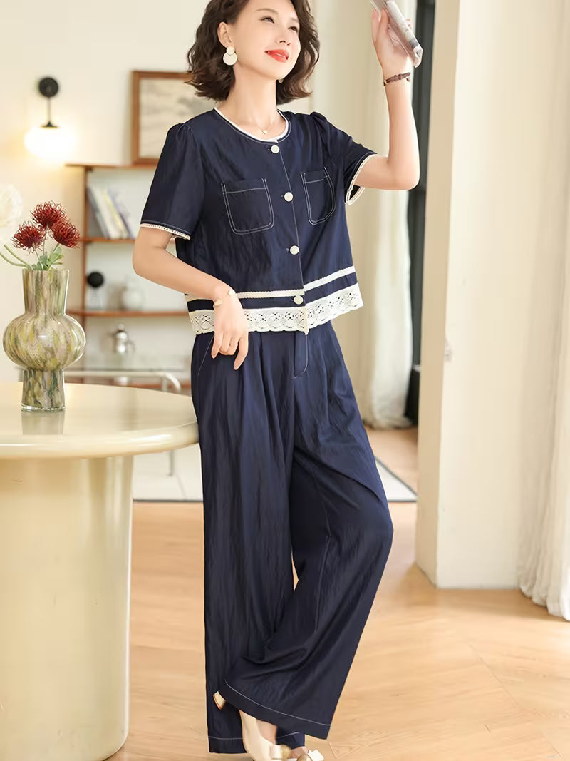 Elegant and Stylish Summer Denim Outfit for Mothers, Middle-aged Women's Summer Short-sleeve Top, Fashionable and Elegant 2pcs Set