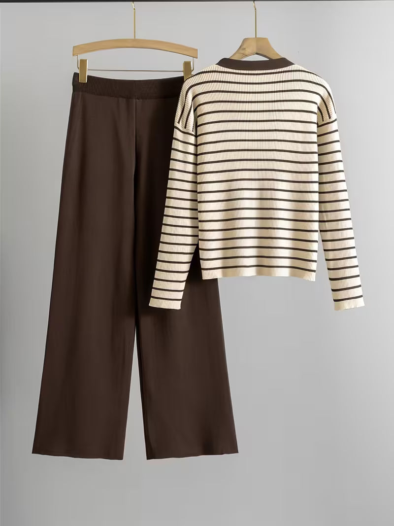 Smooth and Not Easily DeformedStriped V-neck Faux 2pcs Top and Wide-leg Pants 2pcs Set, Fashionable Sweater Set, Waist-cinching and Slim-fitting