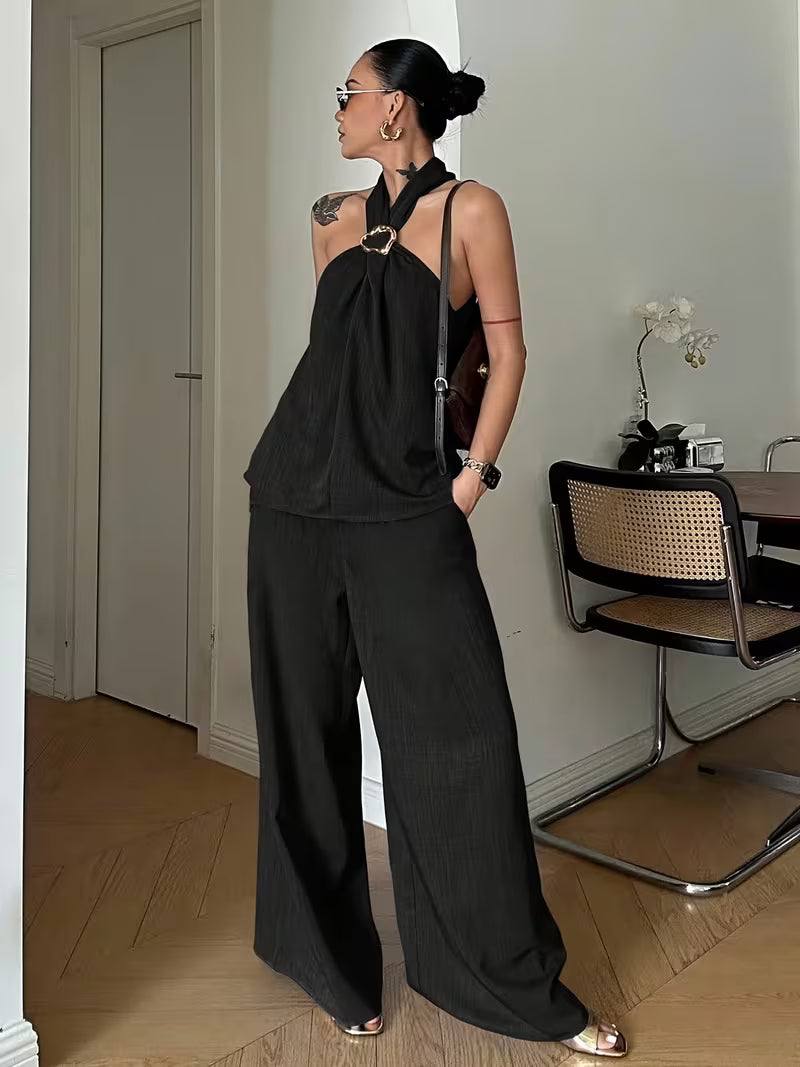 Women'S Elegant Two-Piece Vintage Coin Embellished Backless Halter Top And Wide-Leg Pants Set