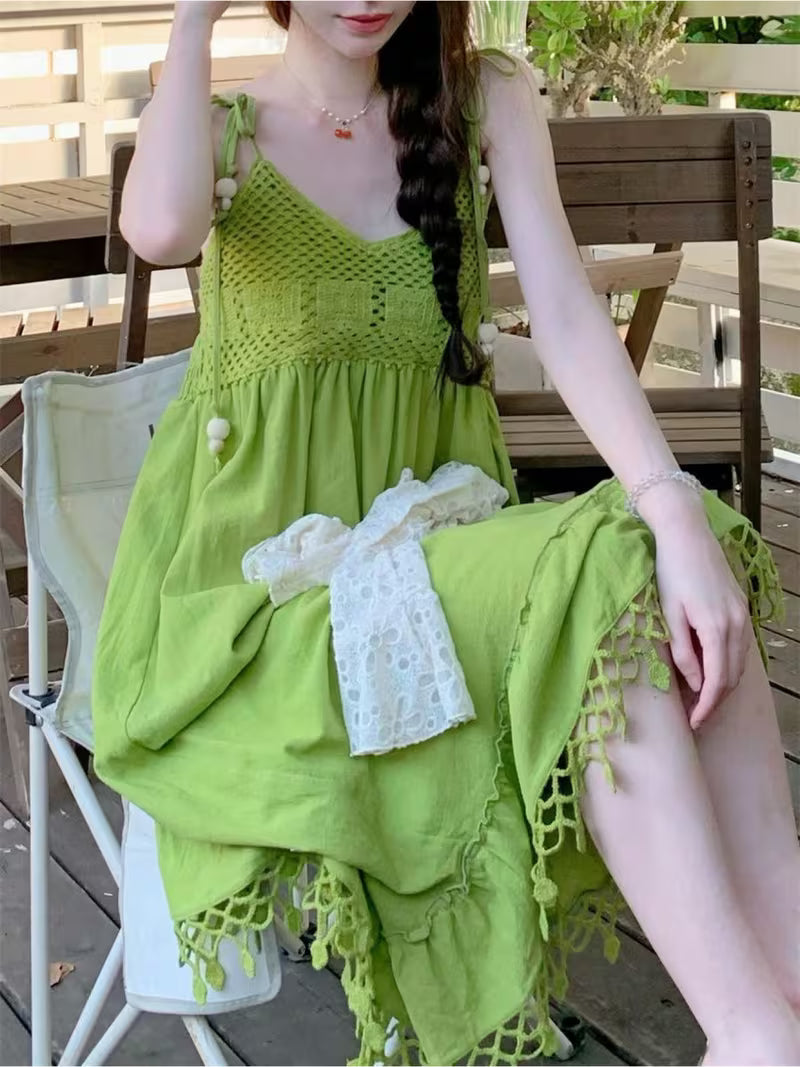 Bohemian Style Avocado Green Tassel Sleeveless Strap Dress Women Summer babydoll dress Dopamine Short Dress