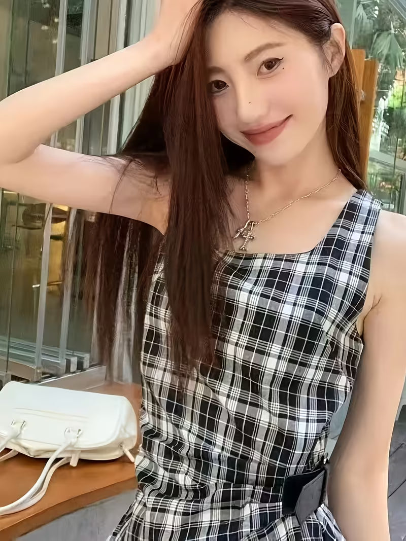 Niche Color-Block Plaid Vest Dress Women'S Summer New American Retro Waist-Cinching A-Line Skirt