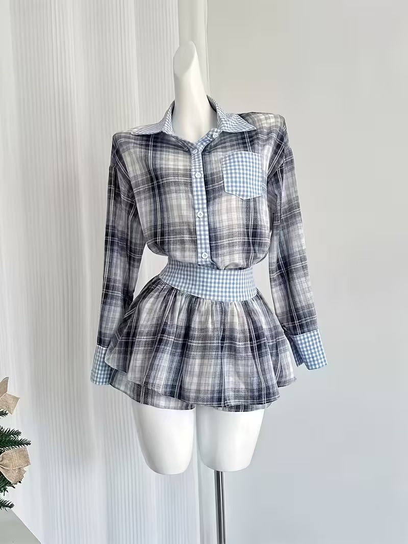 College Style Plaid Long Sleeve Shirt + Skirt Two-Piece Set for Women