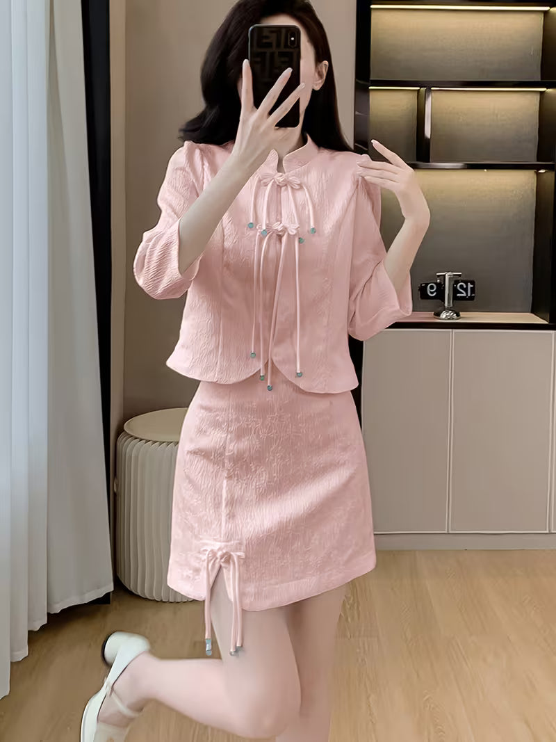 Sweet Long-Sleeve Shirt & Skirt Set, Stylish Elegant Two-Piece with Slits