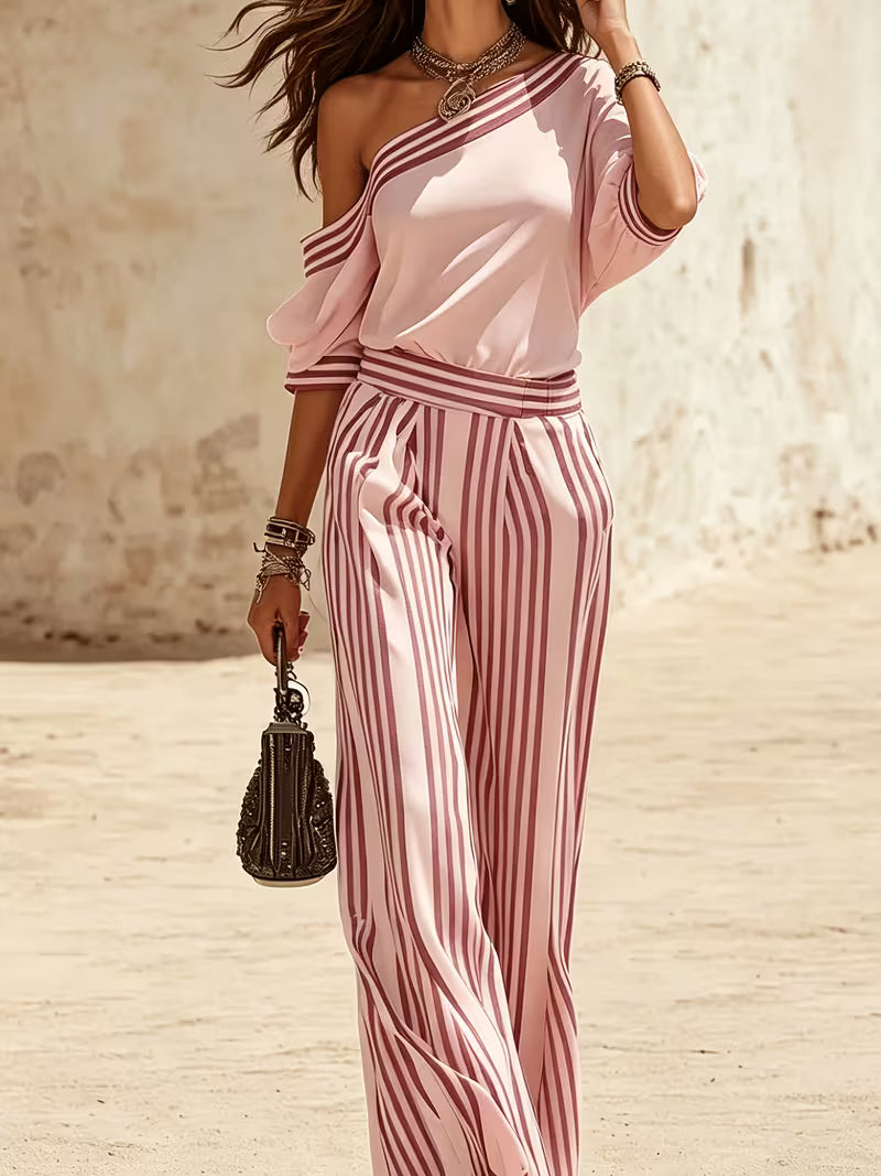 Women'S One Shoulder Top And Striped Wide Leg Pants Set Casual Loose Color Block Matching Set