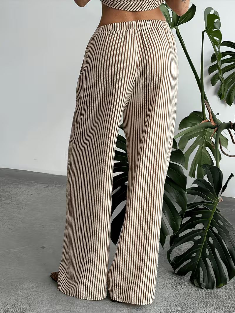 Women's Elegant Off-Shoulder Set with Striped Long Pants, 2pcs Casual Daily Wear