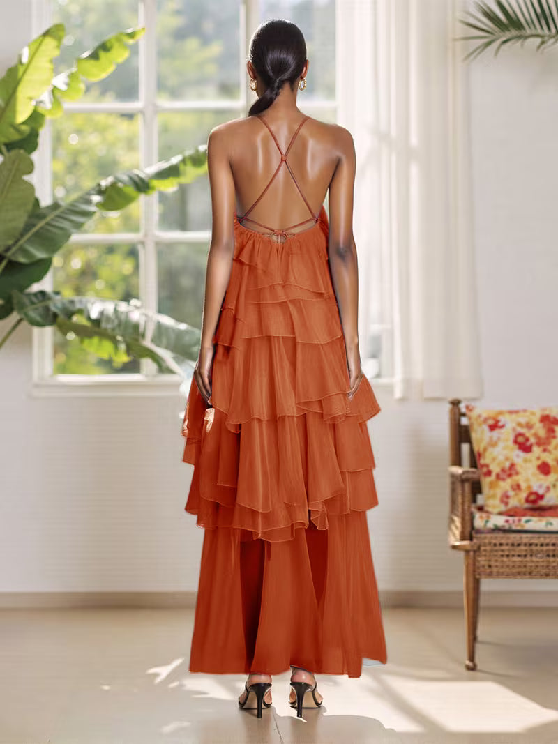 Women'S Bohemian 3D Floral Maxi Dress with Irregular Ruffles & Backless Neckline - Sleeveless A-Line Beach Party Dress