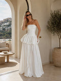 Women's Strapless Maxi Dress with Tube Top & Ruched Bubble Peplum Hem - Asymmetric Tunic Floor-Length Gown