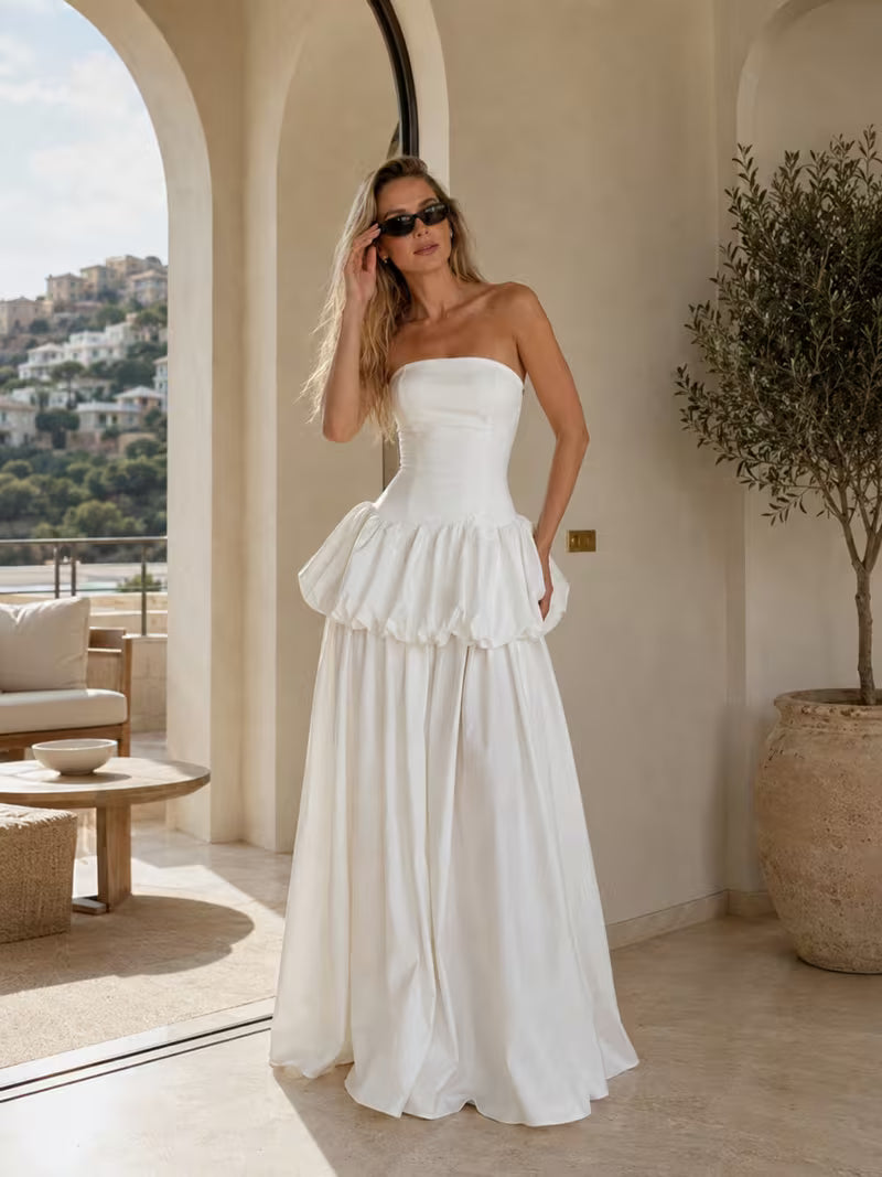 Women's Strapless Maxi Dress with Tube Top & Ruched Bubble Peplum Hem - Asymmetric Tunic Floor-Length Gown