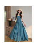 Chinese Style Blue Suspender Dress Summer New Arrival Waist Elegant Vacation Long Skirt