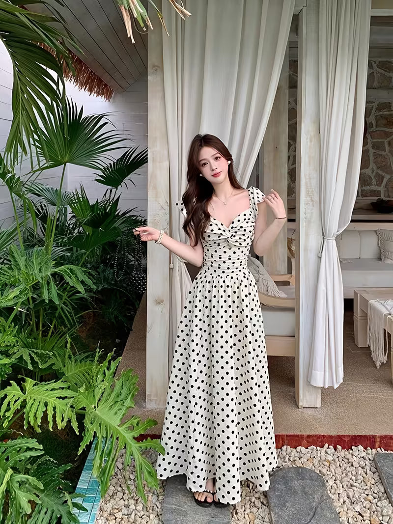 Curvy Women's 2026 Summer New High-end Polka Dot Dress Pleated Waist Elegant Long Dress