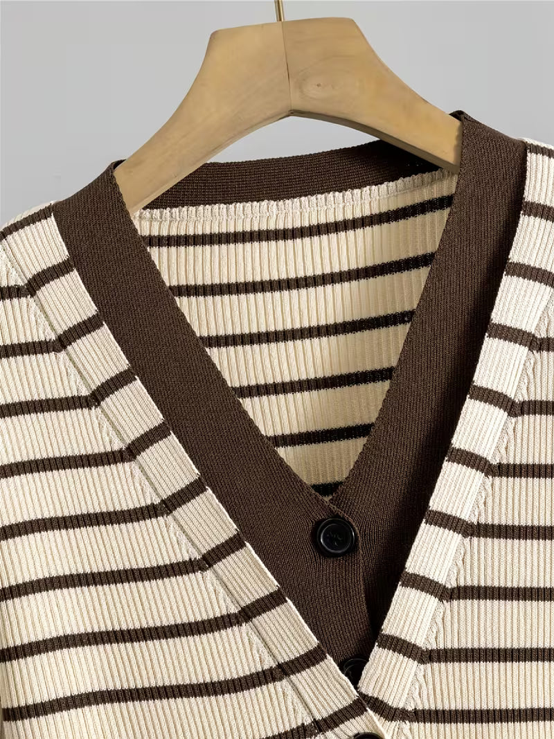 Smooth and Not Easily DeformedStriped V-neck Faux 2pcs Top and Wide-leg Pants 2pcs Set, Fashionable Sweater Set, Waist-cinching and Slim-fitting