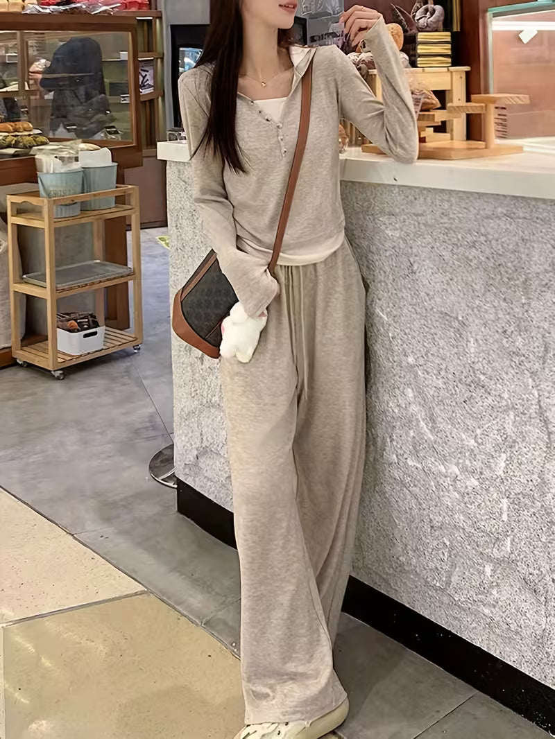 New Women's Fashion Versatile Casual Y Style 2-in-1 Look Set: Simple Hooded Top + Wide-Leg Pants 2pcs Set