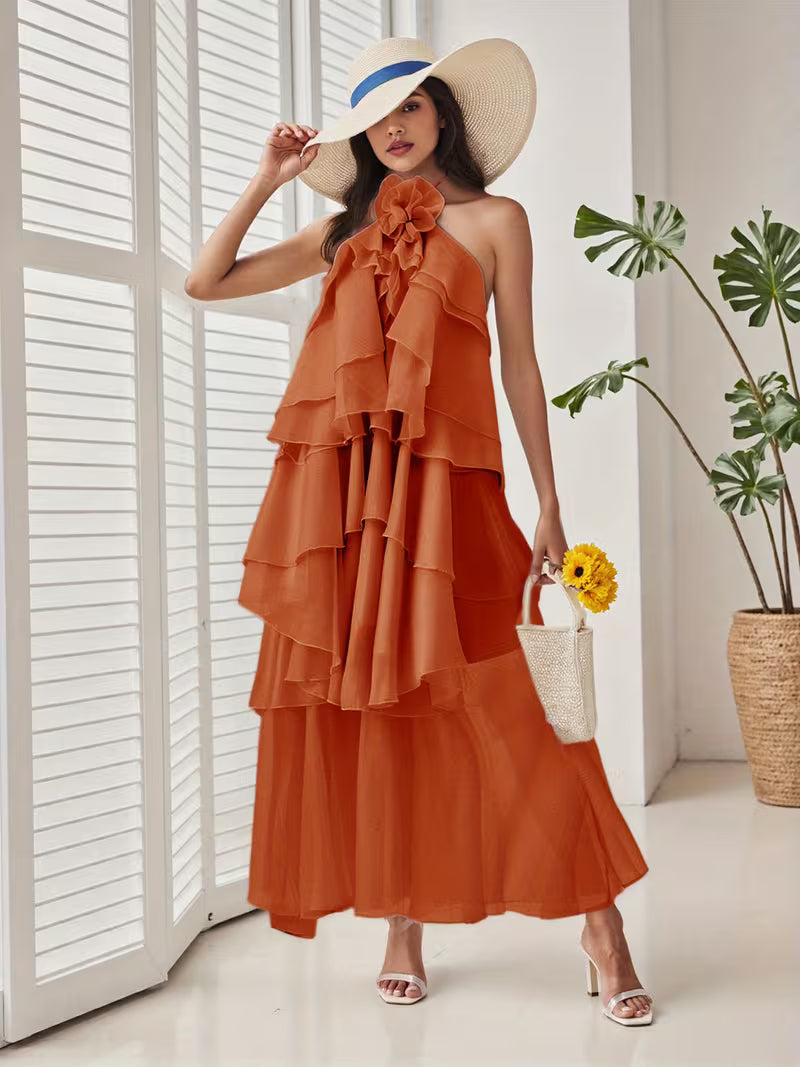 Women'S Bohemian 3D Floral Maxi Dress with Irregular Ruffles & Backless Neckline - Sleeveless A-Line Beach Party Dress